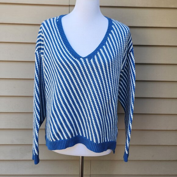 Dr. Bloom Diagonal Striped Sweater Blue White V-Neck Cotton Blend - Picture 2 of 12